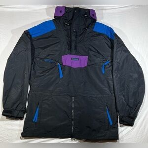 Vintage 90s Columbia Mens M Spell Out Color Block Hooded Pullover Jacket Black